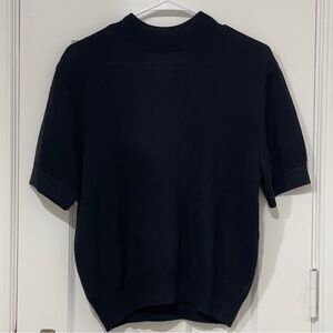 St. John Basics Black Short Sleeve Knit Sweater Top w/ Gold Logo Buttons NWOT M